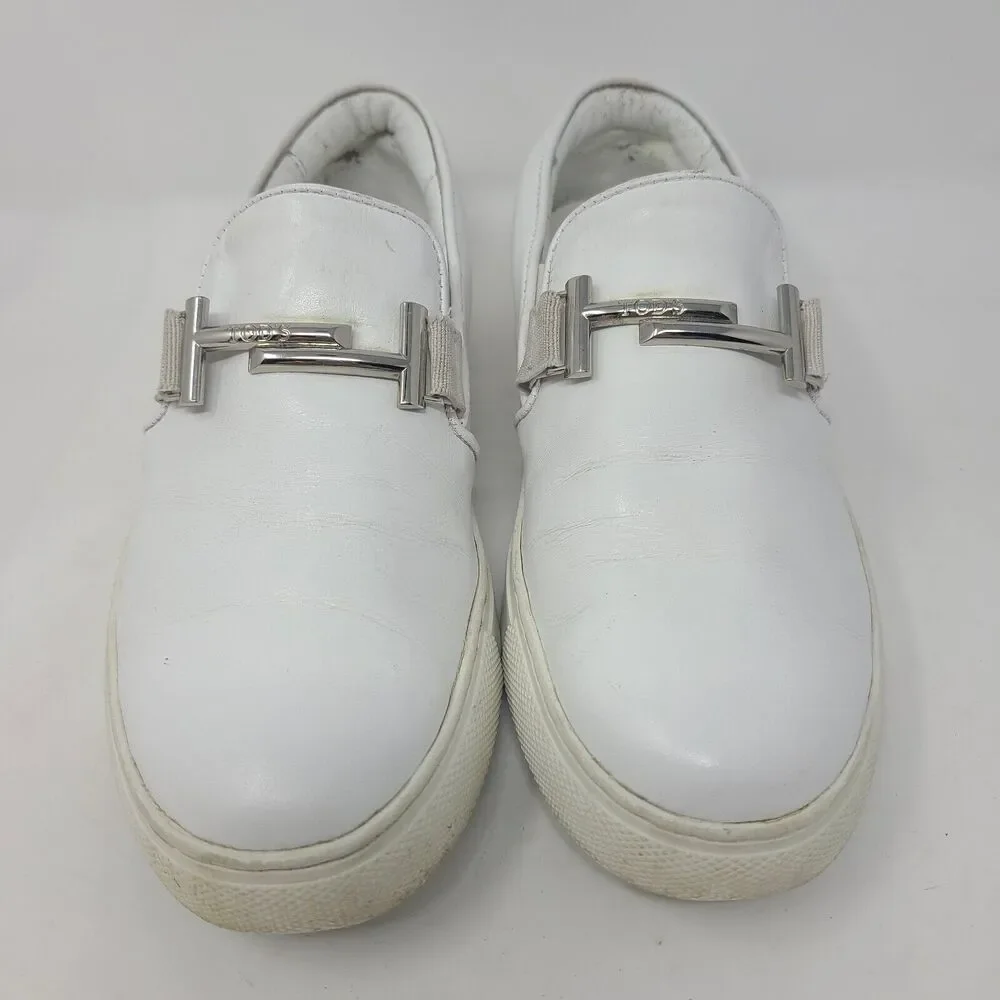 TOD'S Authentic All White Leather Flats Loafers Slip On Shoes Sneakers sz 7
